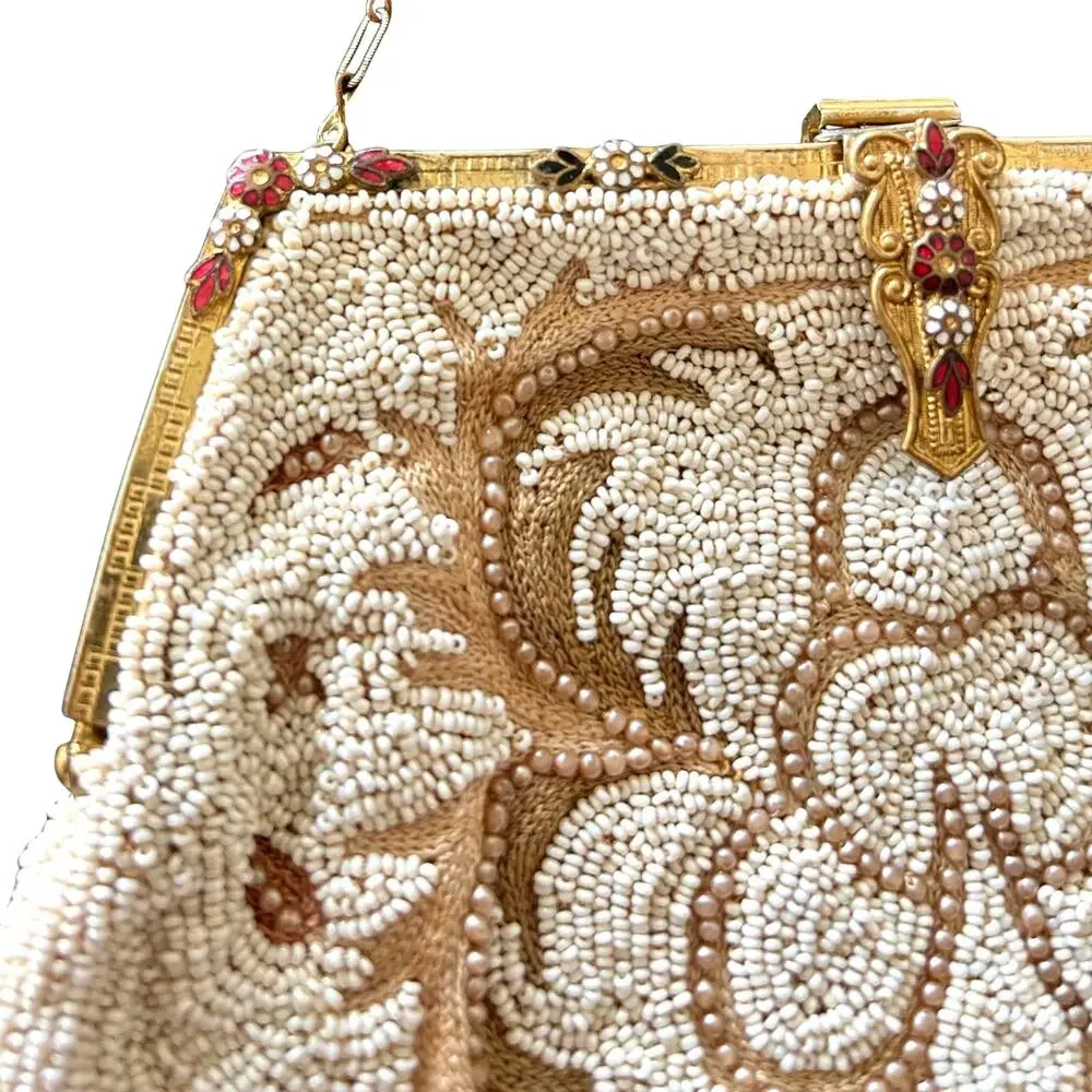 Vintage 1940s 1950s Beaded Evening Purse Gold Frame Chain Floral Bridal Bag